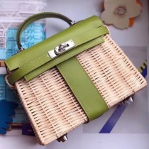 Hermes Green Picnic Kelly Mini 20cm Wicker Bags