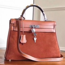 Hermes Brown Suede Kelly 32cm Bags With Zigzag Handle