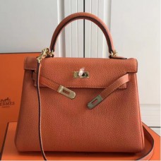 Hermes Orange Clemence Kelly 25cm GHW Bags
