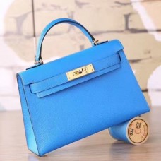 Hermes Blue Hydra Chevre Kelly Mini II 20cm Handmade Bags