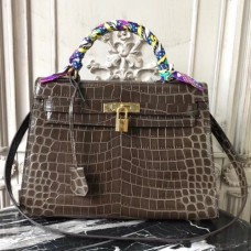Hermes Kelly 32cm Bags In Chocolate Crocodile Leather