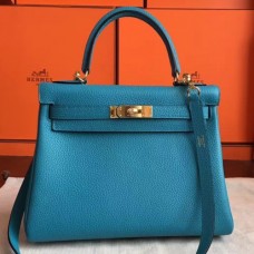 Hermes Turquoise Clemence Kelly Retourne 28cm Handmade Bags